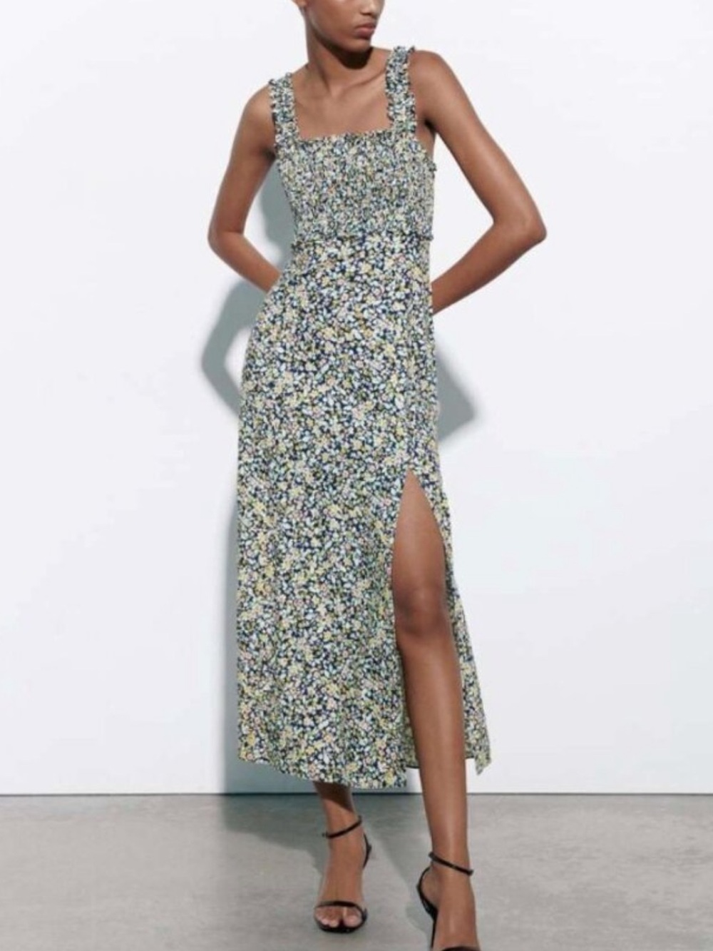 Zara Floral Smocked Midi Dress with Side Slit - Green Floral